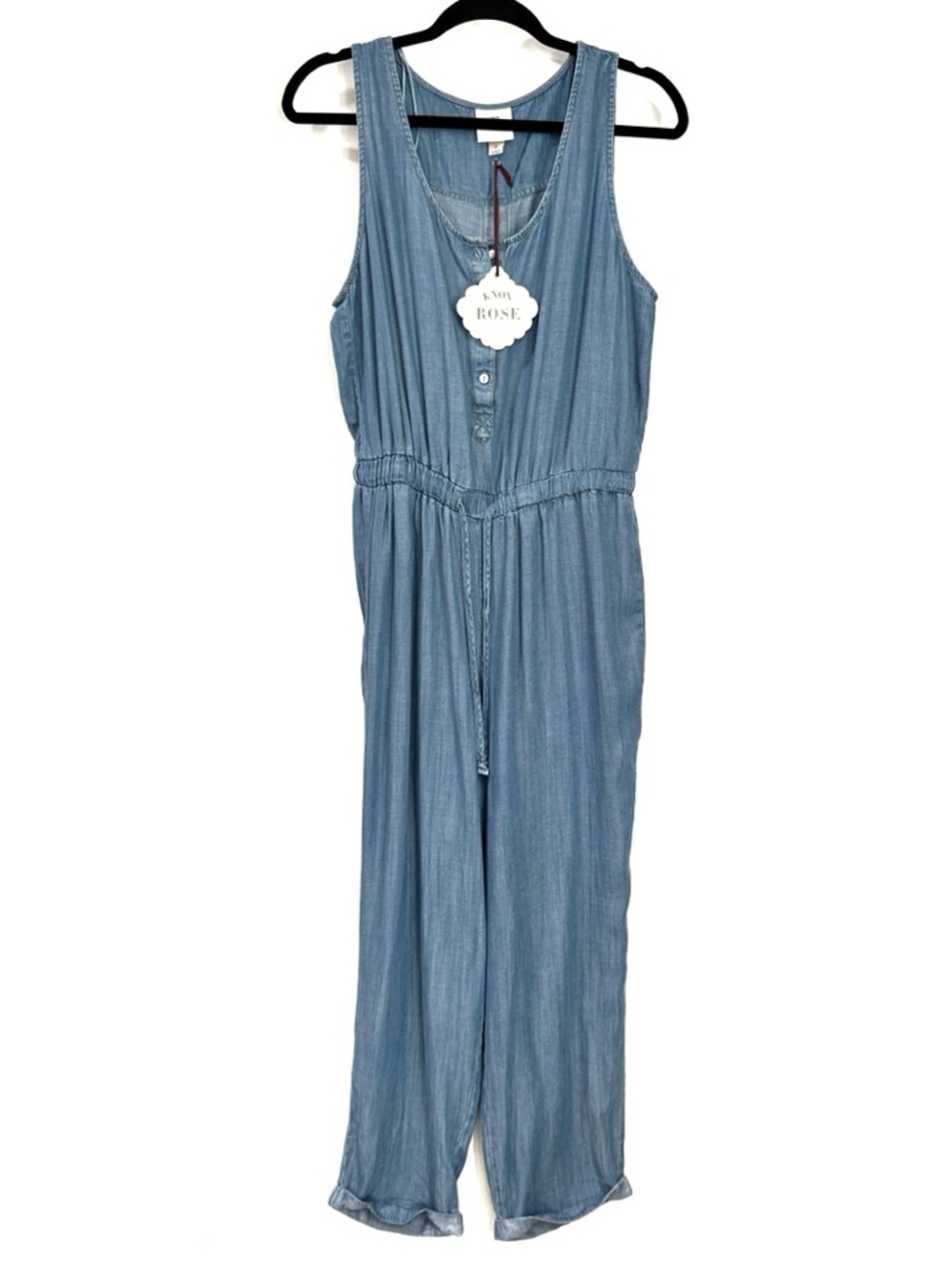 Knox Rose Womens Denim Jean Jumpsuit Medium Waist Tie Jumper